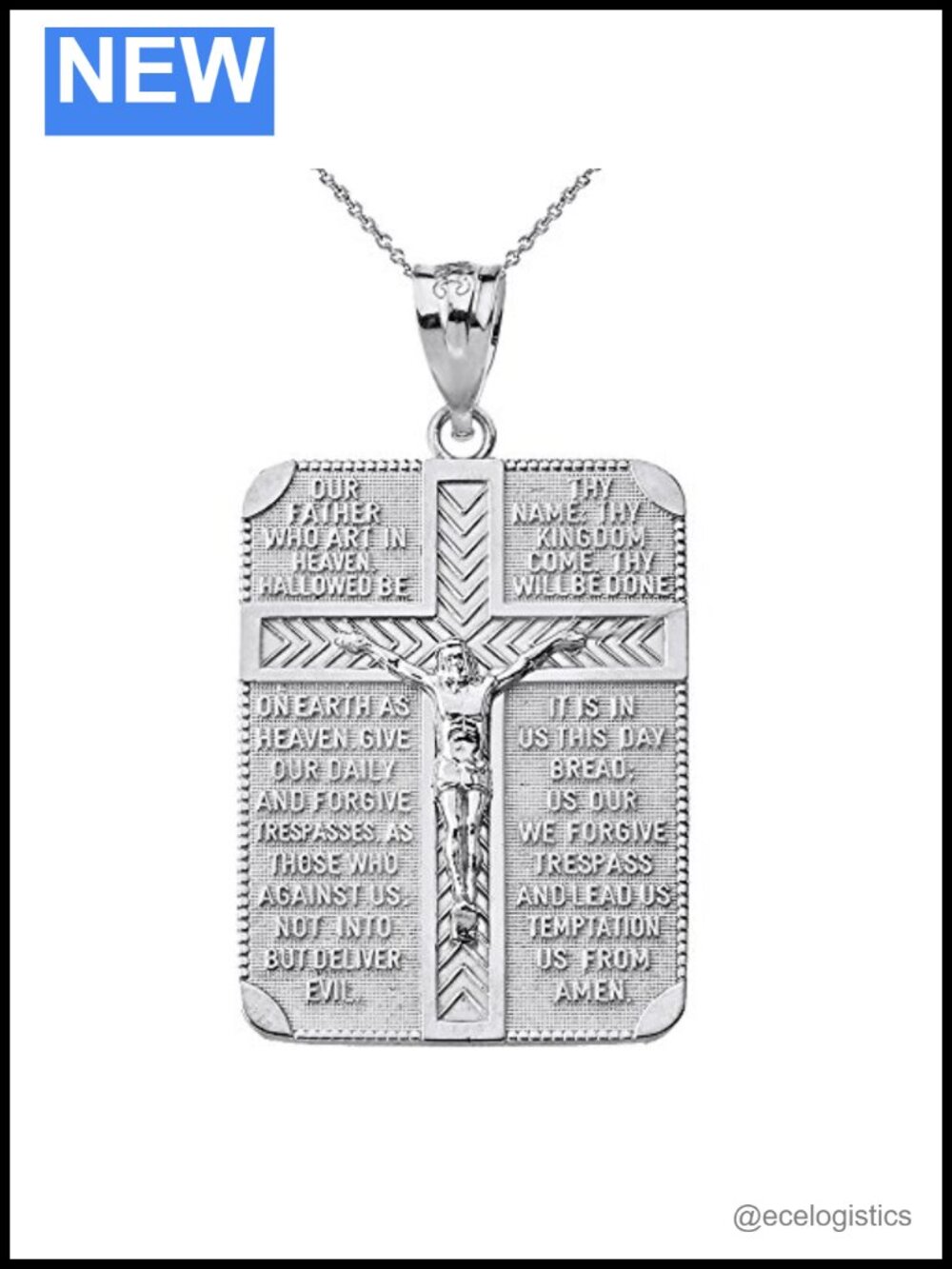 Sterling Silver Lord's Prayer Crucifix Cross Rectangular Tag Necklace